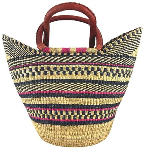 Bolga Tasche XXL - Das Original aus Ghana - Bunt - Fair Trade - Oval - Viele Farben - Afrikanische Korbtasche mit Ledergriff - Flechttasche 40-45 cm - Einkaustasche mit Wunschdesign (Wenchi)