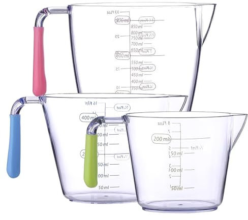 3PCS BPA-Free Plastic Measuring Jugs for Kitchen & Baking, Set with Handle, 200ML/400ML/900ML