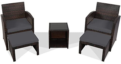 LIFEZEAL Rattan Gartenmöbel Set, 5-teiliges Balkonmöbel Set aus Rattantisch & Stühle, Lounge Set mit Sitzkissen & Ottomane, Outdoor-Sitzgarnitur Sofa Set für Pool & Terrasse (Grau + Schwarz)