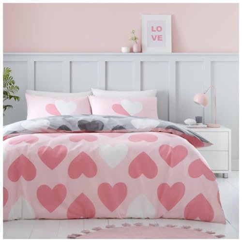 GC GAVENO CAVAILIA Pink Heart Duvet Cover | Love Hearts Double Bed Set With Matching Pillowcases | Reversible Blush Pink Comforter Cover With Button Closure Mechanism