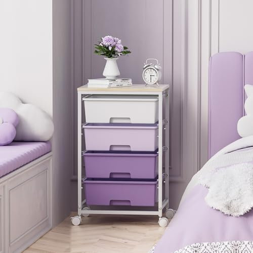 SYKIARIOL Storage Trolley with 4 Drawers, Rolling Storage Cart on Wheels, Multipurpose Mobile Organizer Unit Utility Cart for Living Room,Bedroom,School,Beauty,Purple