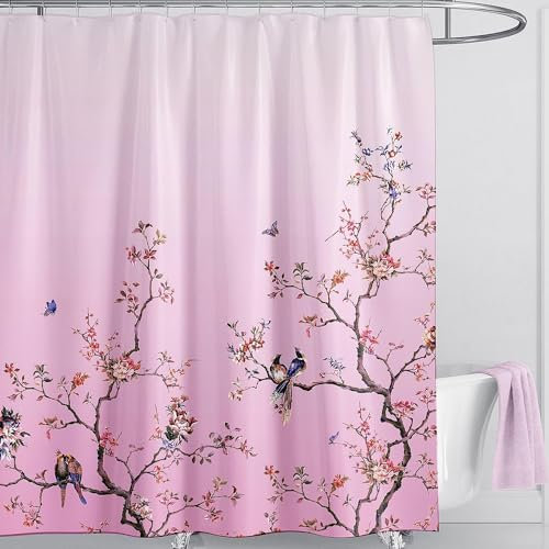 LIVETTY Rideau de douche 180 x 200 cm en tissu résistant à la moisissure pour homme et femme avec 12 crochets - Lavable - Séchage rapide - Motif papillon - Rose