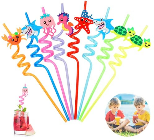 8 Pièce Pailles Enfants Reutilisables, Pailles Mignonnes à Thème Animaux Marins, Pailles en Plastique Spirale, Bouclés Pailles Enfant, pour la Décoration des Fêtes, Fournitures pour Fêtes Anniversaire