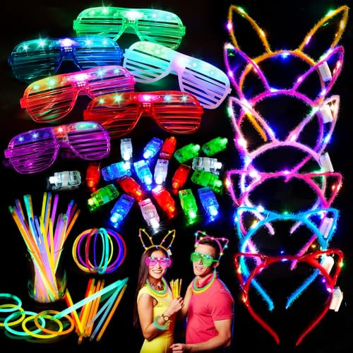 Partyzubehör für Kinder LED-Leuchtspielzeug, 82 Stück Licht Spielzeug Geburtstag Party Zubehör für Kinder Graduierung Geschenke mit 50 Knicklichter Party, 20 Finger Lichter, 6 LED Brille, 6 Haarreif