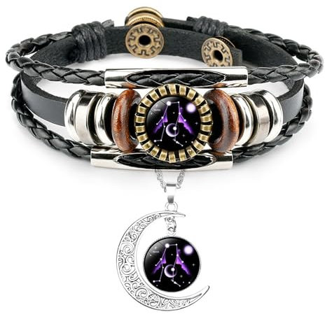 Wryhaul Gleym Zodiac Signs Spirit Bracelet, Handmade Woven Constellation Zodiac Leather Bracelet, Black, Unisex, Beaded, 18cm, Lobster Claw Clasp, Wristband with Pendant Necklace, 50cm Chain Length