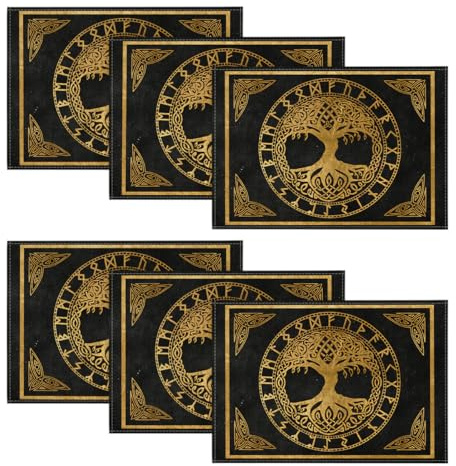 Artoid Mode Gold Wikinger Futhark Runen Odin Baum des Lebens Platzsets 6er Set, 30x45cm Urlaub Tischsets Waschbar Platzdeckchen Küche Party Deko