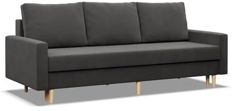 Mebligo - Sofa mit Schlaffunktion und Bettkasten Blank, 3 Sitzer Sofa 212 cm Breit, Schlafsofa, Ausziehbares Couch auf Holzfüßen,Schlafcouch - Grau