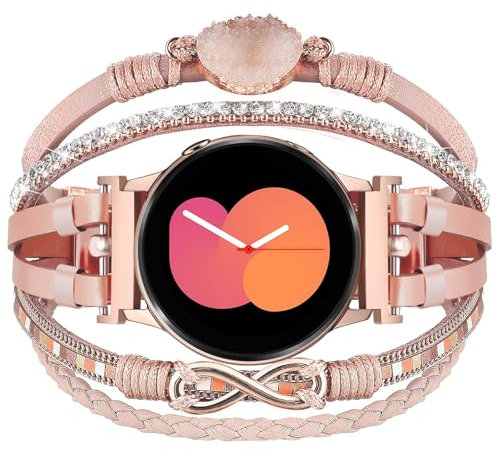 VISOOM Leather Strap Compatible with Samsung Galaxy Watch 7 6 5 4 FE Strap for Women, Cute Beaded Pearl Watch Band for Galaxy Watch 40mm 44mm/Classic 43mm 47mm 42mm 46mm/5 Pro 45mm,Pink