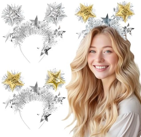 MorLuks 2 Stück Silvester Haarreif Foto Requisiten 2025, Happy New Year Stirnband, Neujahr Kopfschmuck, Silvesterdeko Tiara, Silvester Deko 2025, für Kinder Erwachsene Silvester Party(Silber Gold)