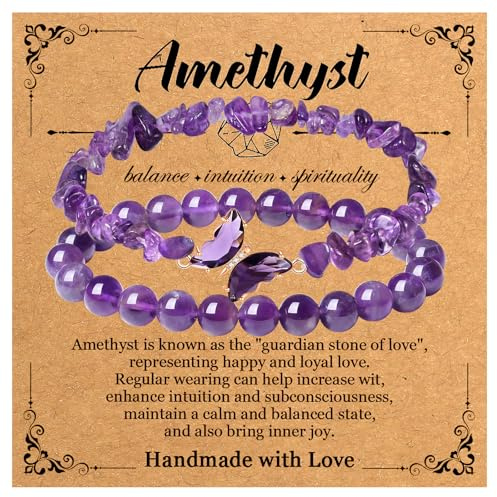 2Pcs Bracciale Ametista Perline Pietra Cristallo Naturale,Farfalla Braccialetto Pietra Vera Elastico Signora Braccialetto Perline Gioiello Regalo per Donna Mamma Fidanzata Compleanno Natale,Viola
