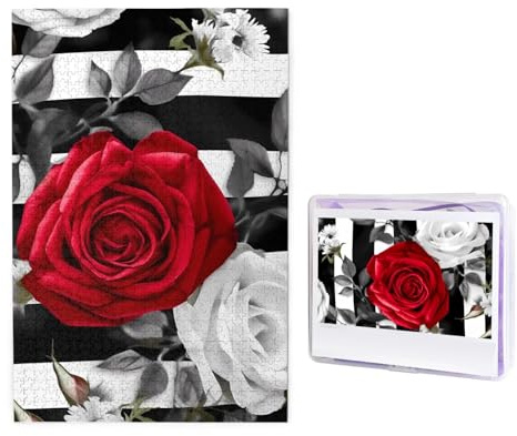 Schwarz-weiße Streifen, rote Rosen-Blumen, Puzzle, 1000 Teile, Holzpuzzle, personalisiertes Fotopuzzle für Erwachsene, Bilderpuzzle, benutzerdefiniertes Puzzle, Hochzeitspuzzle für Geburtstag,