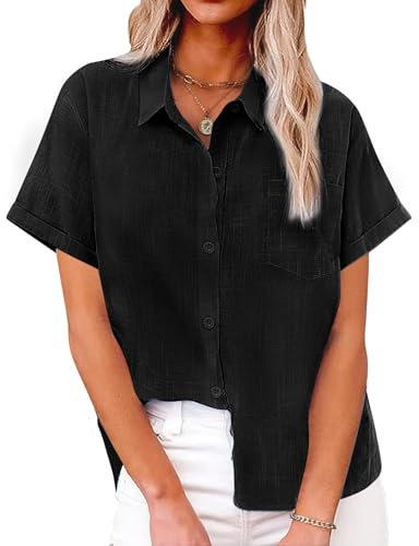 Niwicee Womens Summer Short Sleeve Shirt Cotton Button Down Shirts Solid Color Basic Casual Blouse Flip Fold Cuffs Loose Fit Tops with Pockets (Black, M)