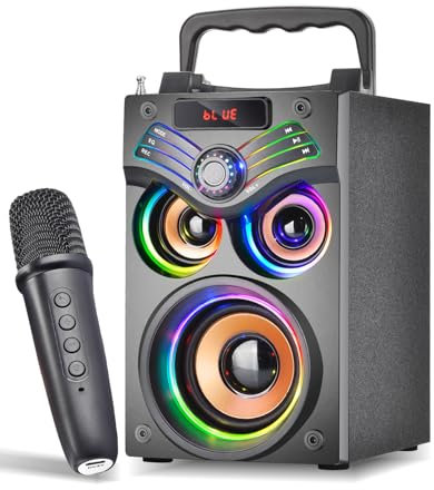 SUPINIU Bluetooth Speaker, 15W Wireless Portable Speaker with LED Owl Lights, Stereo Sound, FM Radio, EQ, TF, Party Speakers with Wireless Microphone for Home,Camping, Beach,Garage