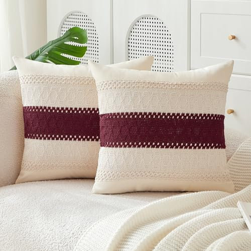 JELLYMONI Kissenbezüge Boho 40x40cm 2er Set Weinrot Kissenhülle Gestreift Polyester Zierkissenbezüge mit Reißverschluss Dekokissen Sofakissenbezug Wurfkissenbezug für Sofa Wohnzimmer (KEIN Einsatz)