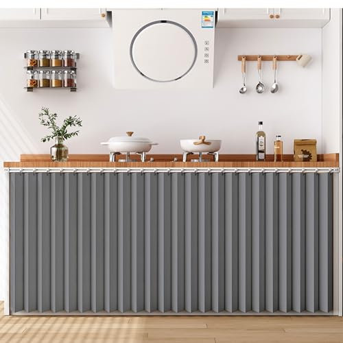 Aocet Schrankvorhänge Küche, Schrank-Vorhang Regal Vorhang zum Schiene, Faltbare Unterschrank Gardine Regalverkleidung Vorhang Staubvorhang für Kleiderschrank Badezimmer(Gray,Cabinet 160x70cm)