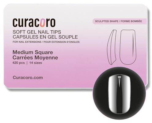Curacoro Sculpted Nail Soft Gel Tips - 420Pcs Soft Gel Nail Extension Tips, 14 Sizes Clear Full Cover Fake Nails for Extension, Long-Lasting Salon Quality, Natural Look (Square, Medium)