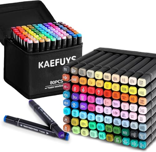 80 Colours Alcohol Markers, Dual Tip Colouring Pens, Quick Dry, Case/Base | Smooth blending, streak-free coverage, vivid shades, broad fills, precise detailing, ideal for drawing, sketching and manga