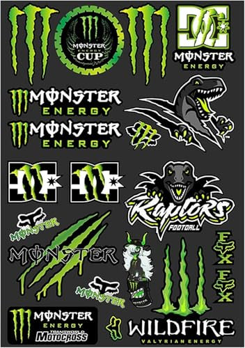 Monster Energy Adesivi per Moto, Kit Decalcomanie per Motocross, Sticker per Caschi e Skateboard, Tema Dinosauro