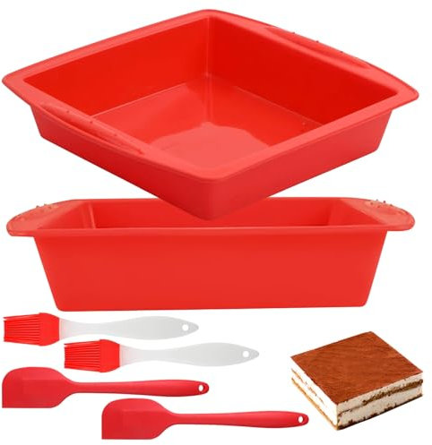 ELLECILA 2Pcs Silicone Baking Trays, 26x24x5cm Red Square Cake Tin Includes 2 Silicone Basting Brushes & 2 Scrapers, Non-Stick Brownie Pan