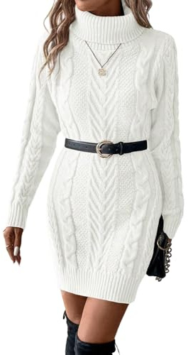 SweatyRocks Pulloverkleid Damen Lässig Langarm Strickkleid mit Rollkragen Langarmkleid Herbstkleid Locker Casual Midikleid Winterkleid Weiß S