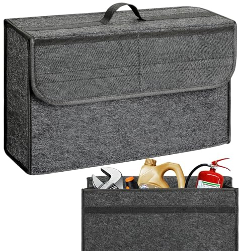 VINATO Kofferraum Organizer aus Filz mit Deckel und Klett, 44 x 15 x 28 cm | Auto-Kofferraumtasche mit Klett-Fixierung & 2 Netzfächern, Robust Auto Kofferraum Organizer für Werkzeug und Autopflege, Grau