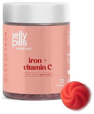 Jelly Pills Iron Gummies 28 mg with Vitamin C 30 mg – 70 Vegan Gummies – No Added Sugar – Peach – Tiredness, Red Blood Cells & Haemoglobin