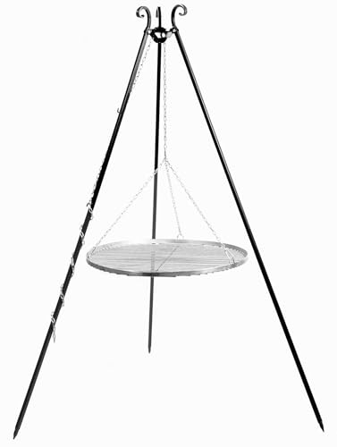 MERCURIUS Schwenkgrill 180 cm mit Edelstahl Grillrost 70 cm - Dreibein Gartengrill mit höhenverstellbarem Rost - Klappbarer Holzkohlegrill für Garten, Terrasse & Camping - Wetterfestes Stativ