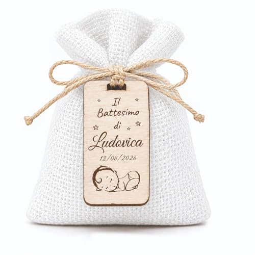 Sisulab 24-34-44 Calamite Battesimo Personalizzate con Nome e Data – Bomboniere in Legno Inciso con Filo Juta – Kit Completo Disponibile (Bianco)