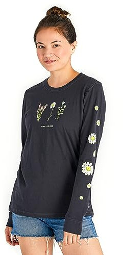Life Is Good Women's Standard Crusher Graphic Long Sleeve T-Shirt, Wildflower Jet Black, XL