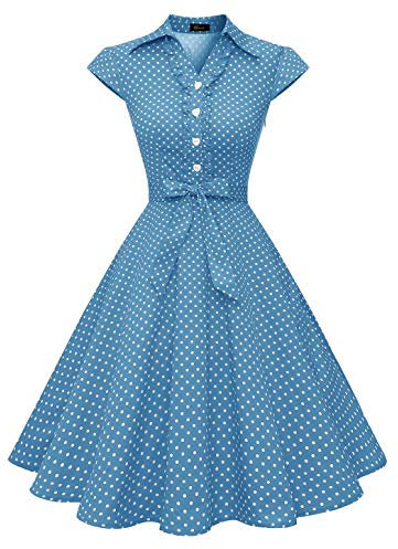 Wedtrend Robe Vintage Rockabilly Rétro Audrey Hepburn 50's 60's Polka Pin Up Swing avec Boutons de cœurWTP10007 BlueWhiteDot XS