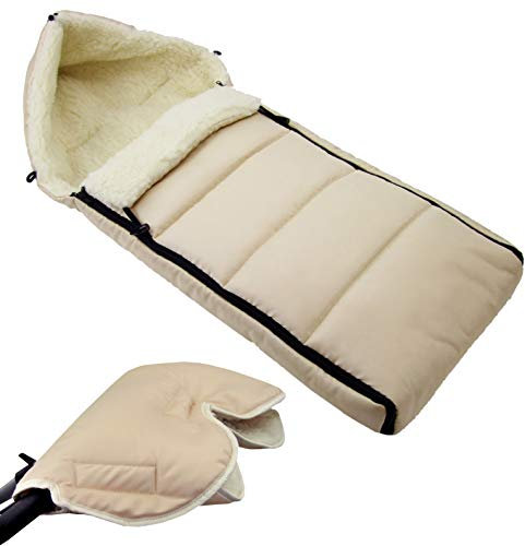 BAMBINIWELT KOMBI-ANGEBOT Muff + Winterfußsack 108 cm – aus Lammwolle, warm & wasserabweisend – für Kinderwagen, Buggy & Radanhänger – WOLLE – LINIERT – universell & waschbar (beige)