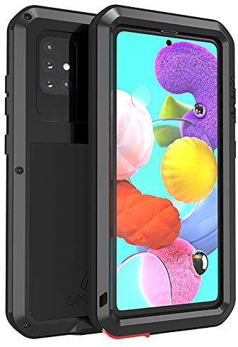 FONREST Tout Le Corps Coque pour Samsung Galaxy A51 6,5-Pouces, Love Mei Antichoc Hybride Aluminium Métal Armure Antipoussière Housses avec Verre trempé, Supporte Le Chargement sans Fil(Noir)