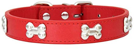 Mdurian Echtes Leder Metallknochen Nieten Hundehalsband Sichere und Bequeme verstellbare Halsbänder für kleine mittelgroße Hunde, (S, Rot)