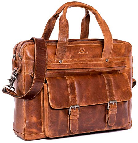 ALMADIH JAN - Maletín de piel de vacuno para ordenador portátil (JAN marrón Deluxe)