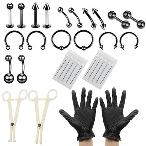 YancLife 42Pcs Set Professional Body Piercing Tool Kit, Stainless Steel with Clamp Gloves Piercing Needle Tool Kit for Lip Stud Eyebrow Earring Navel Ring Full Body Piercing (Black)