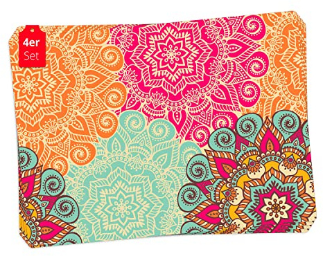 Tischset | Platzset abwaschbar - Bunte Mandalas - aus erstklassigem Vinyl (Kunststoff - BPA-frei) - 4 Stück - rutschfeste Tischunterlage mit zeitlosem Design - Tischmatte - Made in Germany