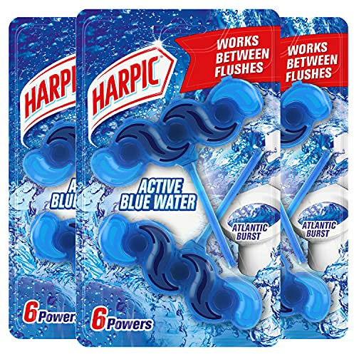 Harpic Active Fresh Toilet Rim Block Twin Pack, Atlantic Burst, Pack of 3, Anti-Limescale, Dirt Remover, Lasts up to 30 weeks and up to 1500 flushes, Toilet Cleaner, Toilet Freshener