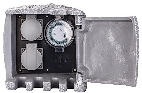 DEMA 2-Fach Gartensteckdose Garten Steckdose Stein mit Zeitschaltuhr Steinoptik