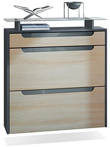 Vladon Schuhschrank Annie, Schuhkipper für 16 Paar Schuhe mit 2 Klappen, 1 Schublade und Glasablage, Anthrazit matt/Eiche sägerau, Griffmulden in Grau Hochglanz (89 x 96 x 23 cm)