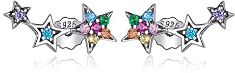 Qings Stern Ohrringe 925 Silber, 3 Sterne Bunt Zirkon Climber Ohrstecker Hypoallergen Damen Ohrringe, Geschenke für Mädchen Kommt in Schmuck Box