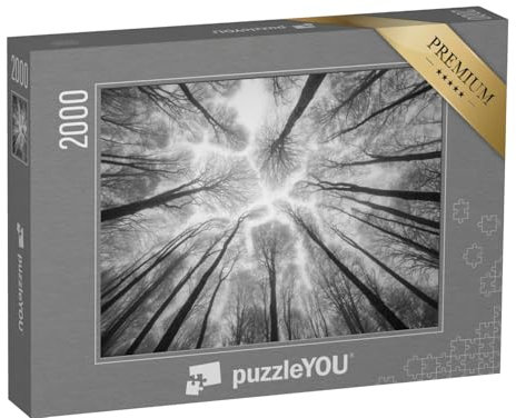 puzzleYOU: Puzzle 2000 Teile „Abstrakte Fotografie: Bäume ragen in den nebligen Himmel, schwarz-weiß“ – aus der Puzzle-Kollektion Fotokunst