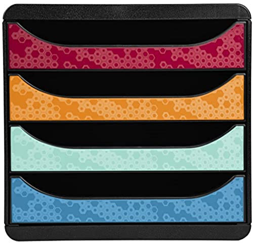Exacompta 3104249D Premium Ablagebox MAIA mit 4 Schubladen für DIN A4+ Dokumente. Belastbare Schubladenbox mit hoher Kapazität für mehr Platz auf dem Schreibtisch Big Box Harlekin Schwarz|bunt
