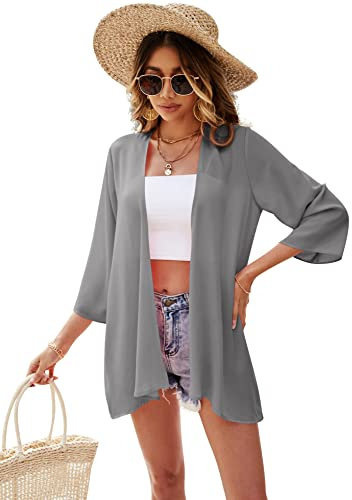 Ietaoo Gilet Long Femme Été Kimono Cardigan Mousseline de Soie Cardigan de Plage Bohème 3/4 Manches Léger Cache-Maillots Plage Veste