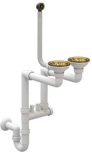 Scarico Lavandino Cucina - Sifone Lavandino - Sifone Lavello Cucina con Attacco per Lavastoviglie - Scarichi 115 mm (3 1/2) - Scarico per 2 vasche - Bianco/Oro - Classico - Granitan