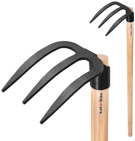 KOTARBAU® Zappa per patate con 3 denti, manico in legno, 110 cm, attrezzi agricoli in acciaio, attrezzi da giardinaggio, accessori da giardino, attrezzi da giardino, attrezzi manuali, per piante