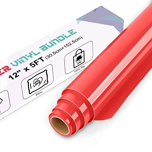 IModeur Red Heat Transfer Vinyl — 30.5 x 152.5 cm(12'' x 5 Ft) Iron on Vinyl for Fabric, PET Backing Red Vinyl for T-Shirts, Clothes, Hats, Bags and Other Textiles, HTV Vinyl Roll Easy to Weed