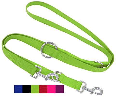 DEY - Premium Hundeleine Nylon 2m | 3fach Verstellbar | für Kleine, Mittelgroße u. Große Hunde | viele Farben |Doppelleine Hund Katze Welpe | Schleppleine |Führ-Leine | Welpenleine | Grün, XS
