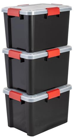 Iris Ohyama, Boite Rangement Hermétique, 20L, Lot de 3, Noir, Couvercle avec Joint Etanche, 4 Clips de Fermeture, Empilable, pour Exterieur, Garage, Vetement, Anti Poussiere, Sans BPA, DDAT-SD