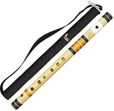 FOXIT MUSICAL Querflöten für Rechtshänder, C Natur, gestimmt mit Tanpura, A = 440 Hz, PVC-Faser, mit Tragetasche, natürliches PVC C, dunkles Kastanienbraun und Goldfäden