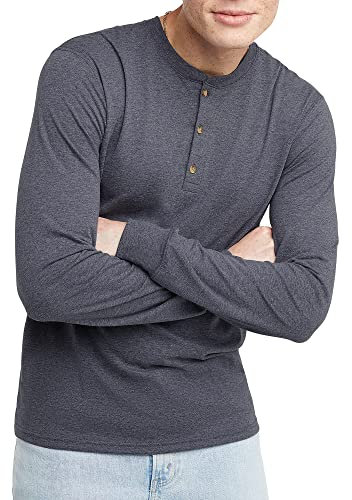 Hanes Men's Originals Tri-Blend Henley T-Shirt, Lightweight Long Sleeve Tee, Athletic Navy Pe Heather, Large